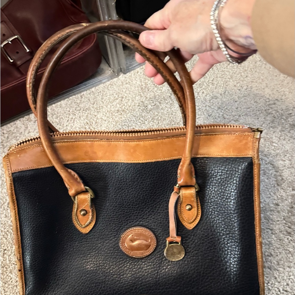 Classic Navy and Tan Leather Tote Bag